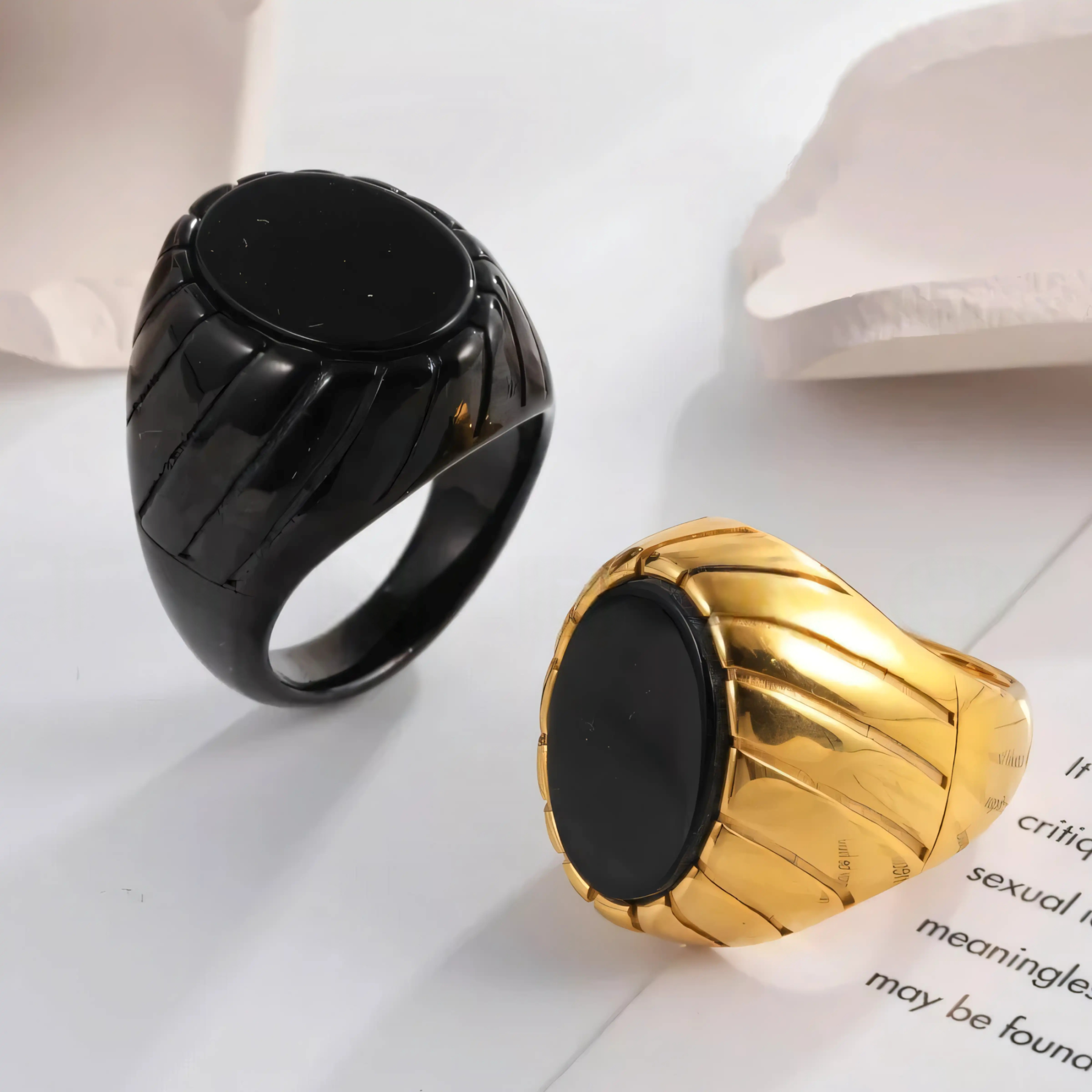Vintage Oval Black Flat Gemstone Men's Stainless Steel Ring | AMJADBL-10-JinBaoJewerly