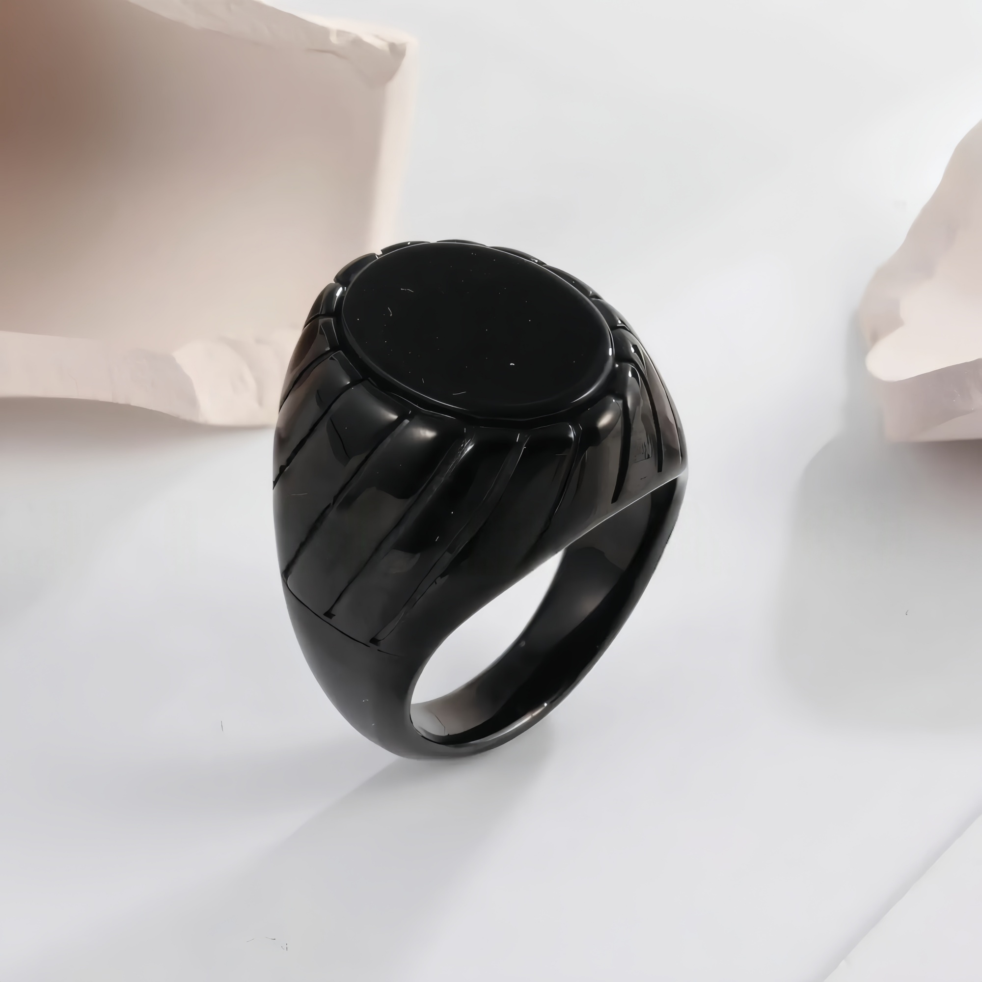 Vintage Oval Black Flat Gemstone Men's Stainless Steel Ring | AMJADBL-10-JinBaoJewerly