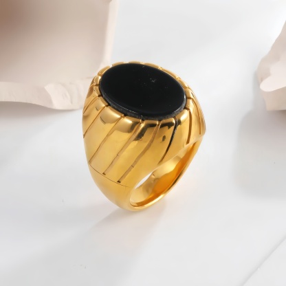 Vintage Oval Black Flat Gemstone Men's Stainless Steel Ring | AMJADBL-10-JinBaoJewerly