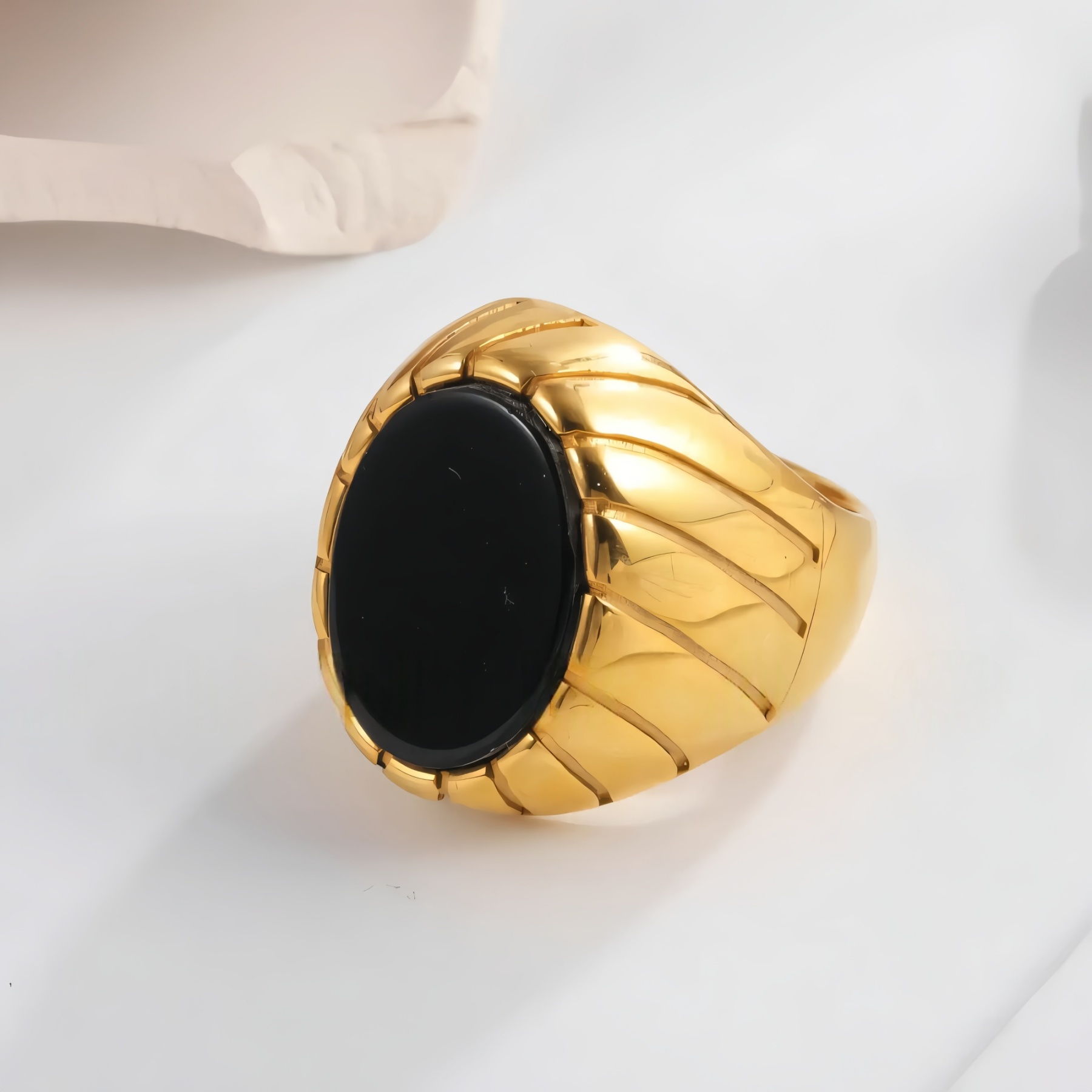 Vintage Oval Black Flat Gemstone Men's Stainless Steel Ring | AMJADBL-10-JinBaoJewerly