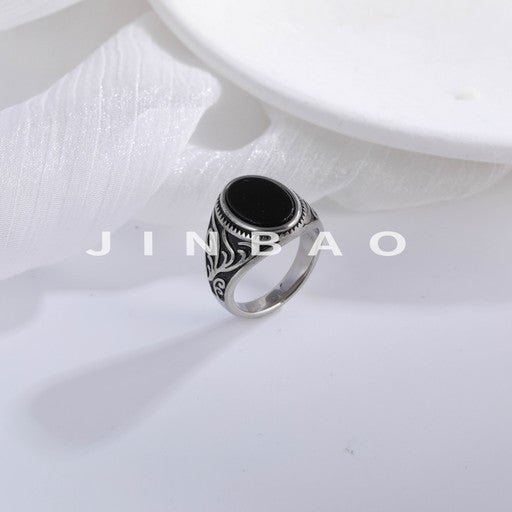Vintage Pattern Black Gemstone Inlaid Light Luxury Stainless Steel Men's Ring | BL2023-JinBaoJewerly