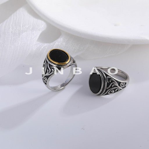 Vintage Pattern Black Gemstone Inlaid Light Luxury Stainless Steel Men's Ring | BL2023-JinBaoJewerly