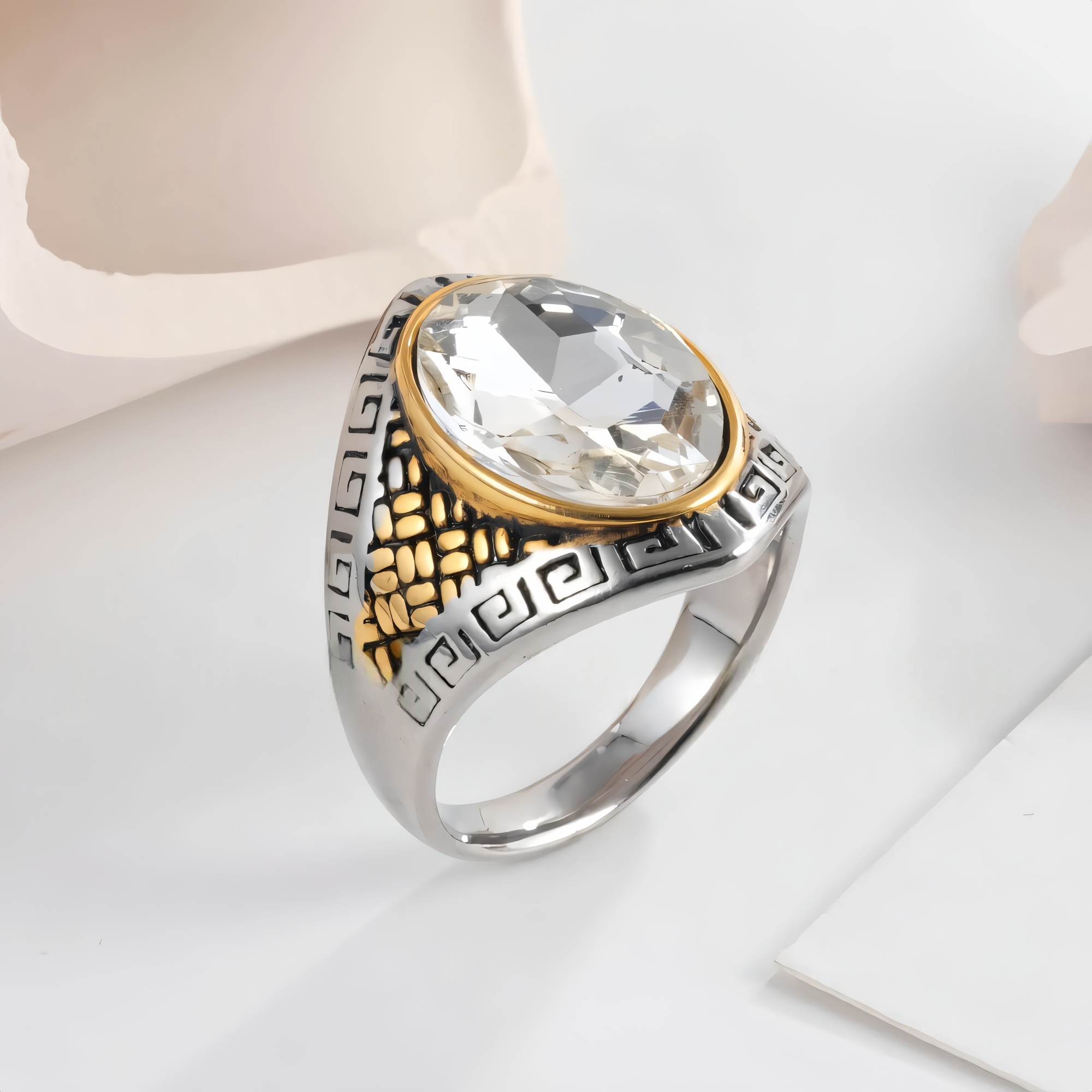 Vintage Greek Pattern Men's Gemstone Stainless Steel Ring | B108-JinBaoJewerly