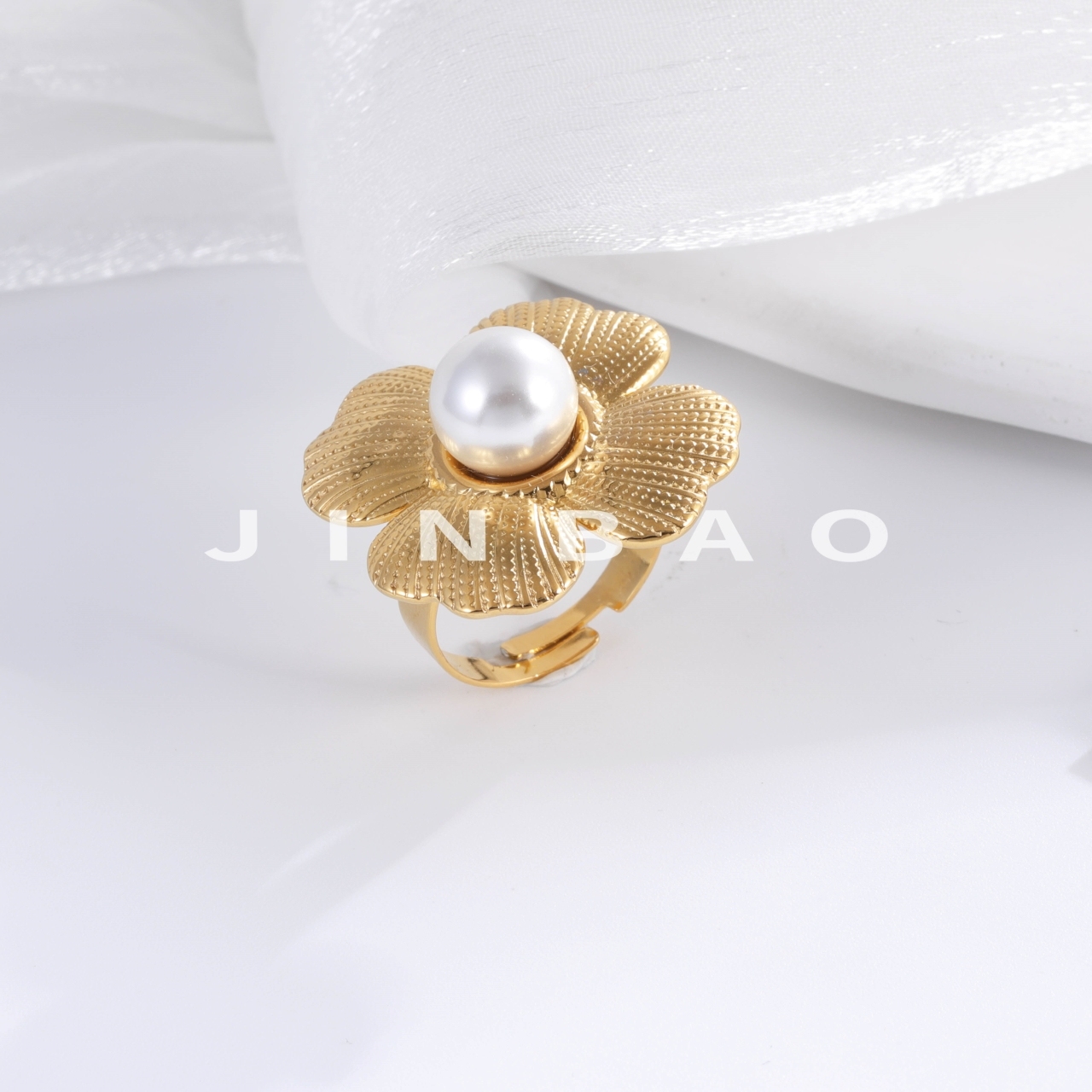 Classic Pearl Inlaid Flower Stainless Steel Women's Waterproof Ring | G005437-JinBaoJewerly