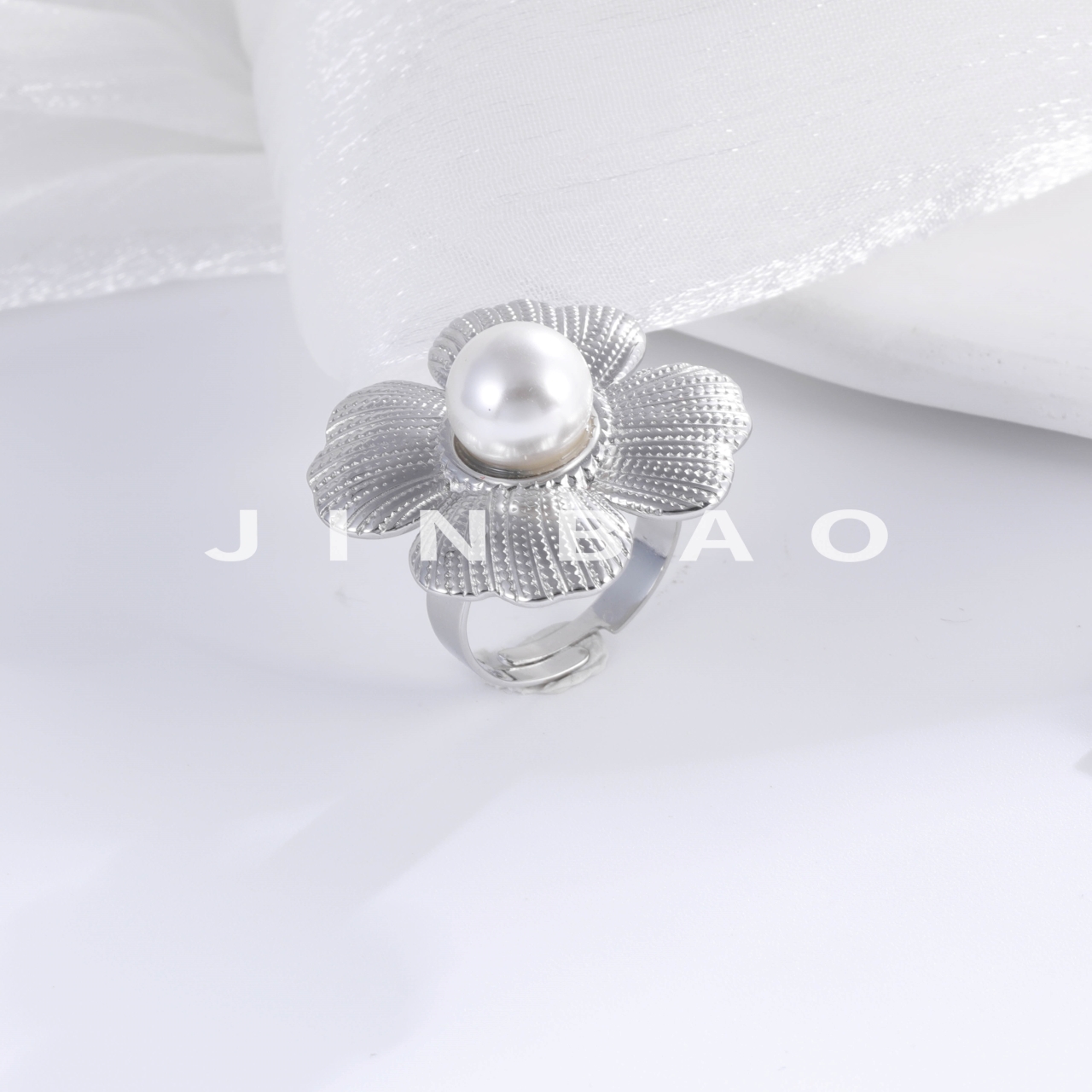 Classic Pearl Inlaid Flower Stainless Steel Women's Waterproof Ring | G005437-JinBaoJewerly