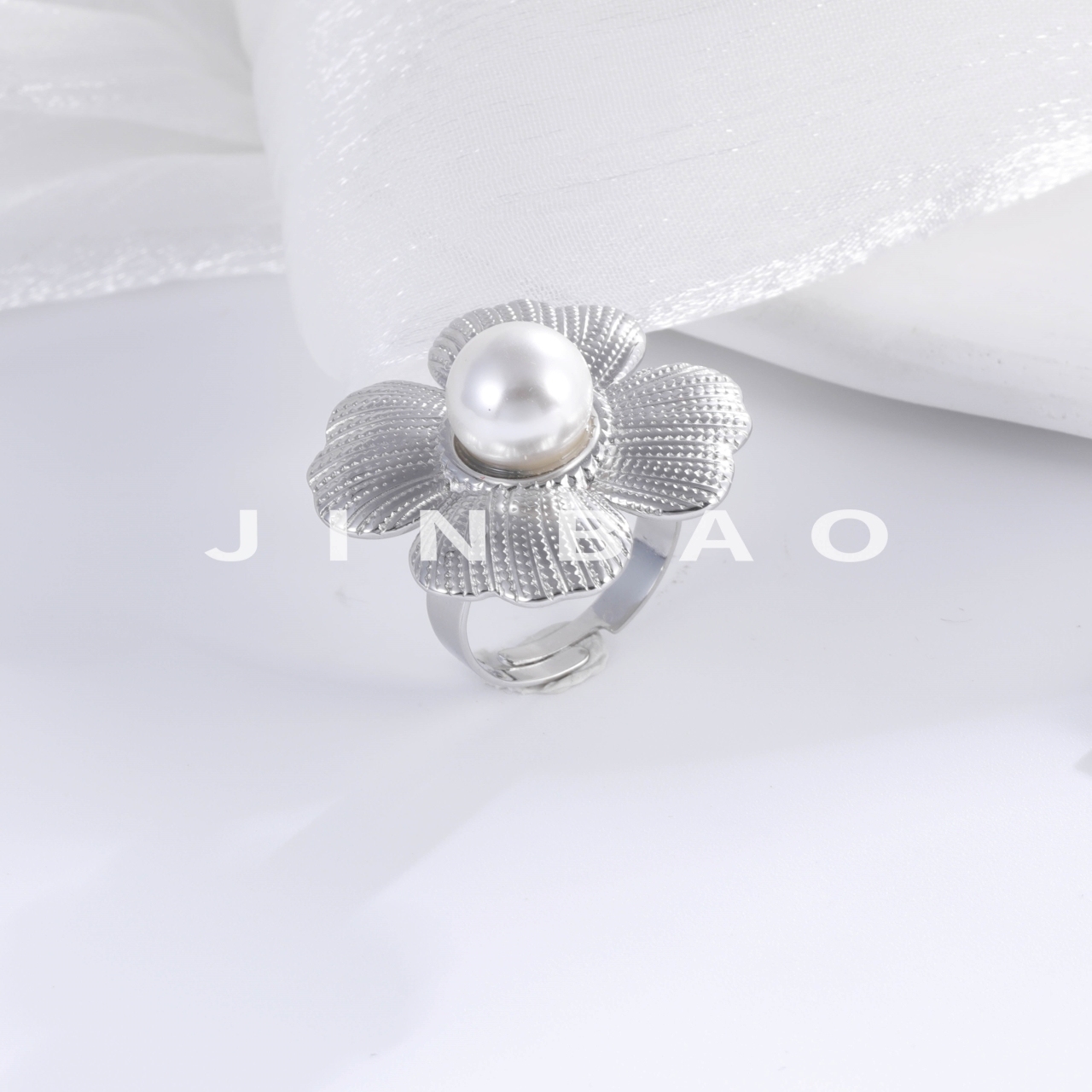 Classic Pearl Inlaid Flower Stainless Steel Women's Waterproof Ring | G005437-JinBaoJewerly