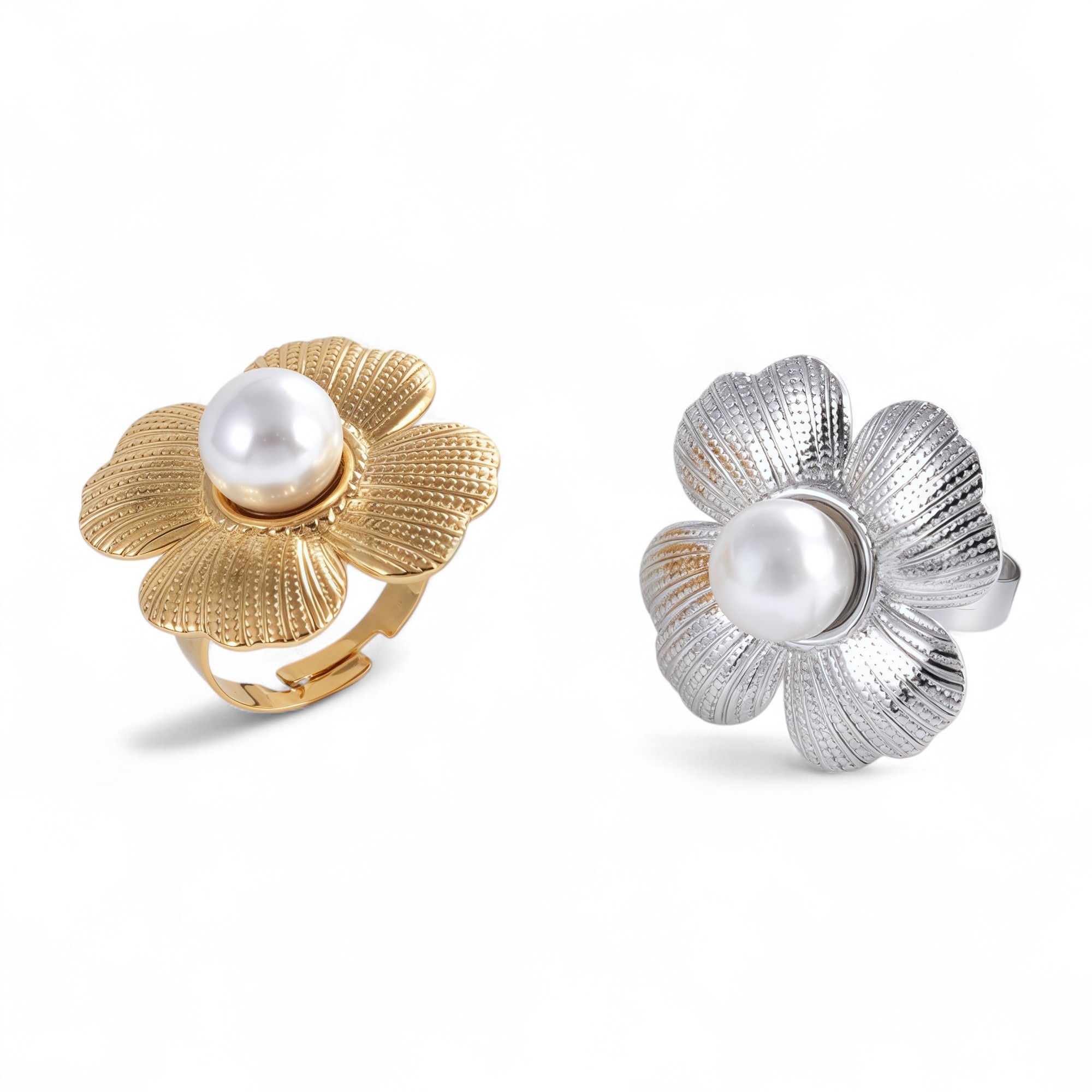 Classic Pearl Inlaid Flower Stainless Steel Women's Waterproof Ring | G005437-JinBaoJewerly