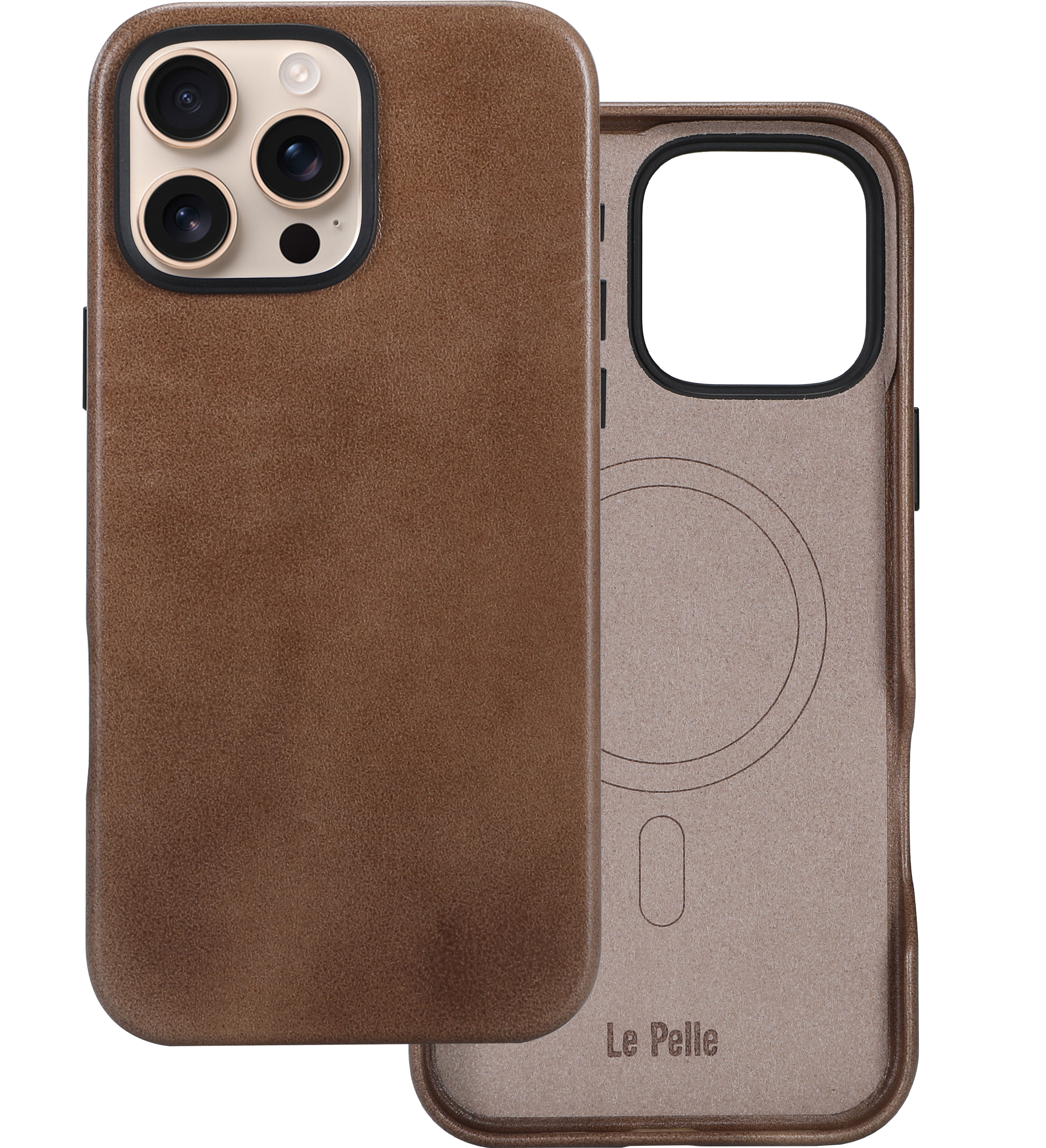Le Pelle Handcrafted Premium Italian Leather Case for iPhone 16 Pro Max - Compatible with Magsafe - Two-Tone Effect with Unique Patina Over Time - Cocoa Brown