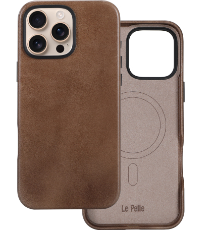 Le Pelle Handcrafted Premium Italian Leather Case for iPhone 16 Pro Max - Compatible with Magsafe - Two-Tone Effect with Unique Patina Over Time - Cocoa Brown