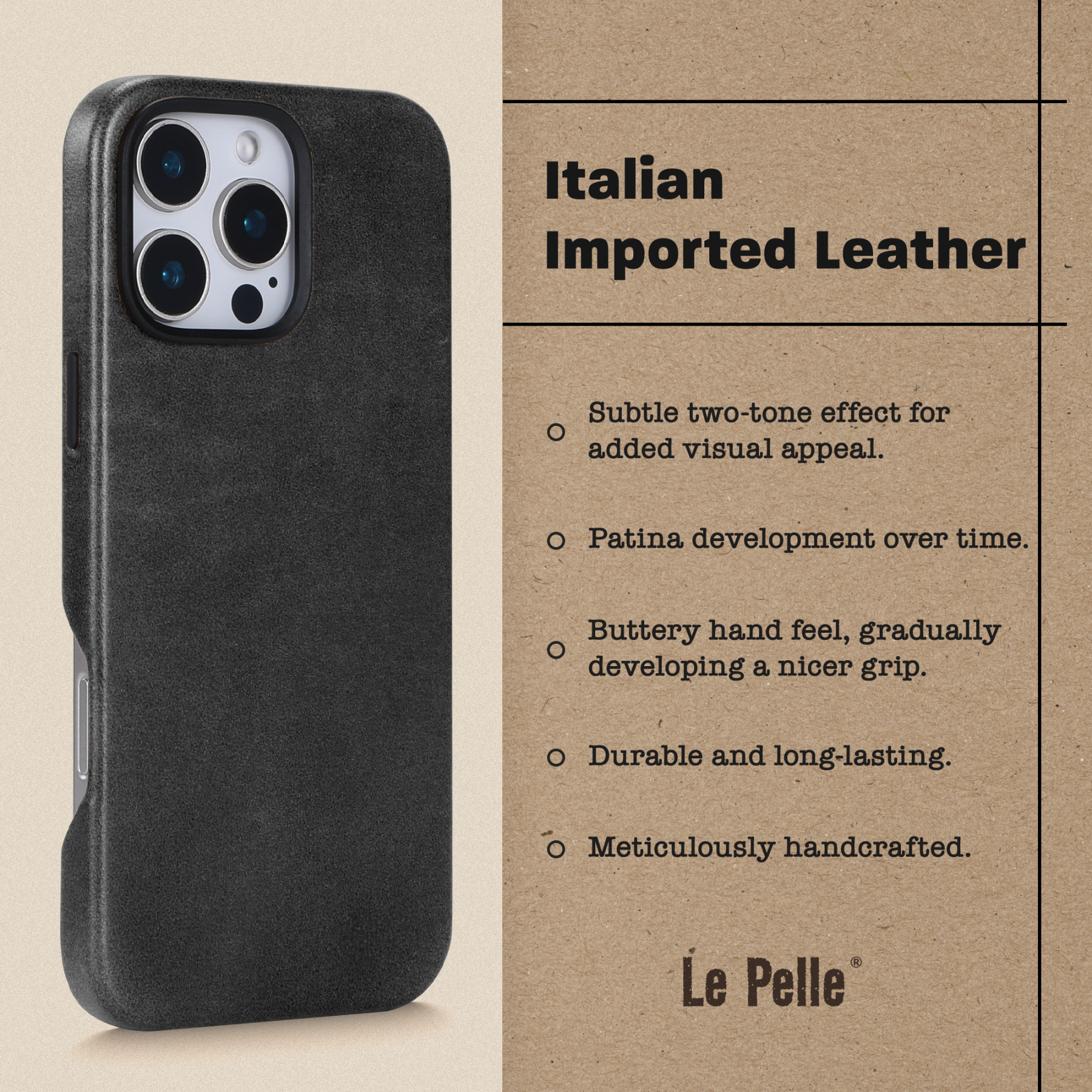 Le Pelle Handcrafted Premium Italian Leather Case for iPhone 16 Pro Max - Compatible with Magsafe - Two-Tone Effect with Unique Patina Over Time - Graphite Black
