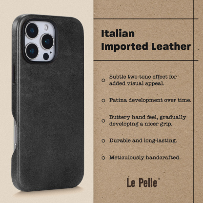 Le Pelle Handcrafted Premium Italian Leather Case for iPhone 16 Pro Max - Compatible with Magsafe - Two-Tone Effect with Unique Patina Over Time - Graphite Black