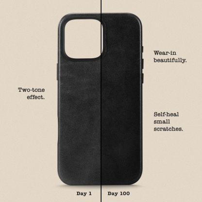 Le Pelle Handcrafted Premium Italian Leather Case for iPhone 16 Pro Max - Compatible with Magsafe - Two-Tone Effect with Unique Patina Over Time - Graphite Black