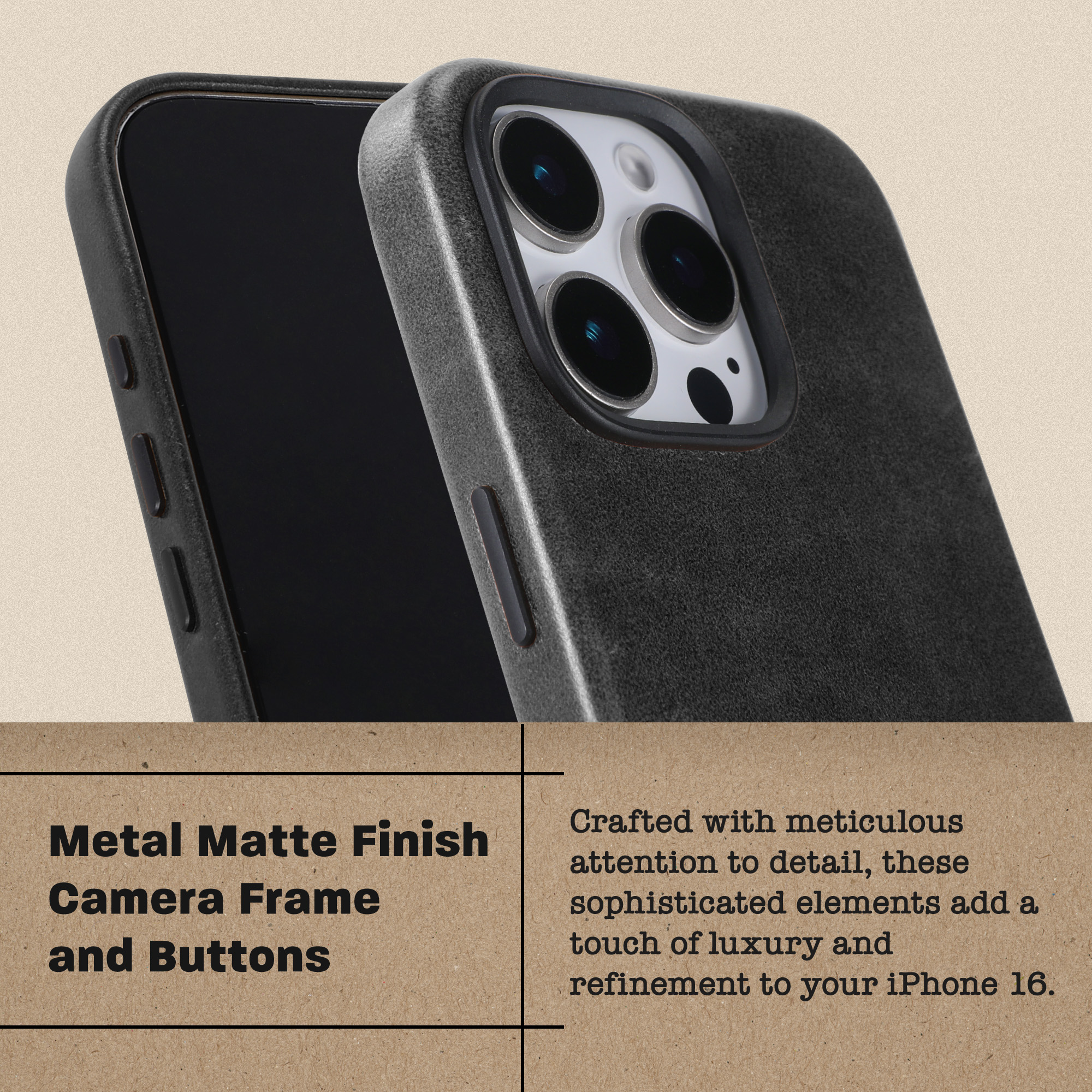 Le Pelle Handcrafted Premium Italian Leather Case for iPhone 16 Pro Max - Compatible with Magsafe - Two-Tone Effect with Unique Patina Over Time - Graphite Black