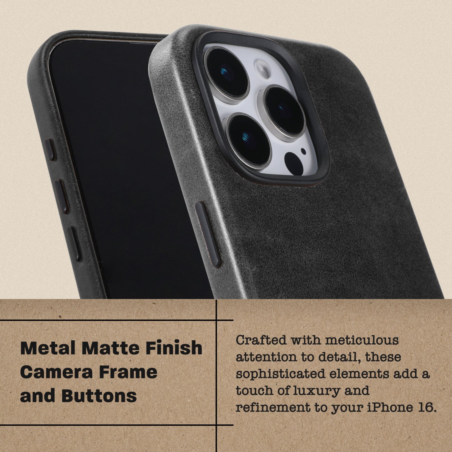 Le Pelle Handcrafted Premium Italian Leather Case for iPhone 16 Pro Max - Compatible with Magsafe - Two-Tone Effect with Unique Patina Over Time - Graphite Black