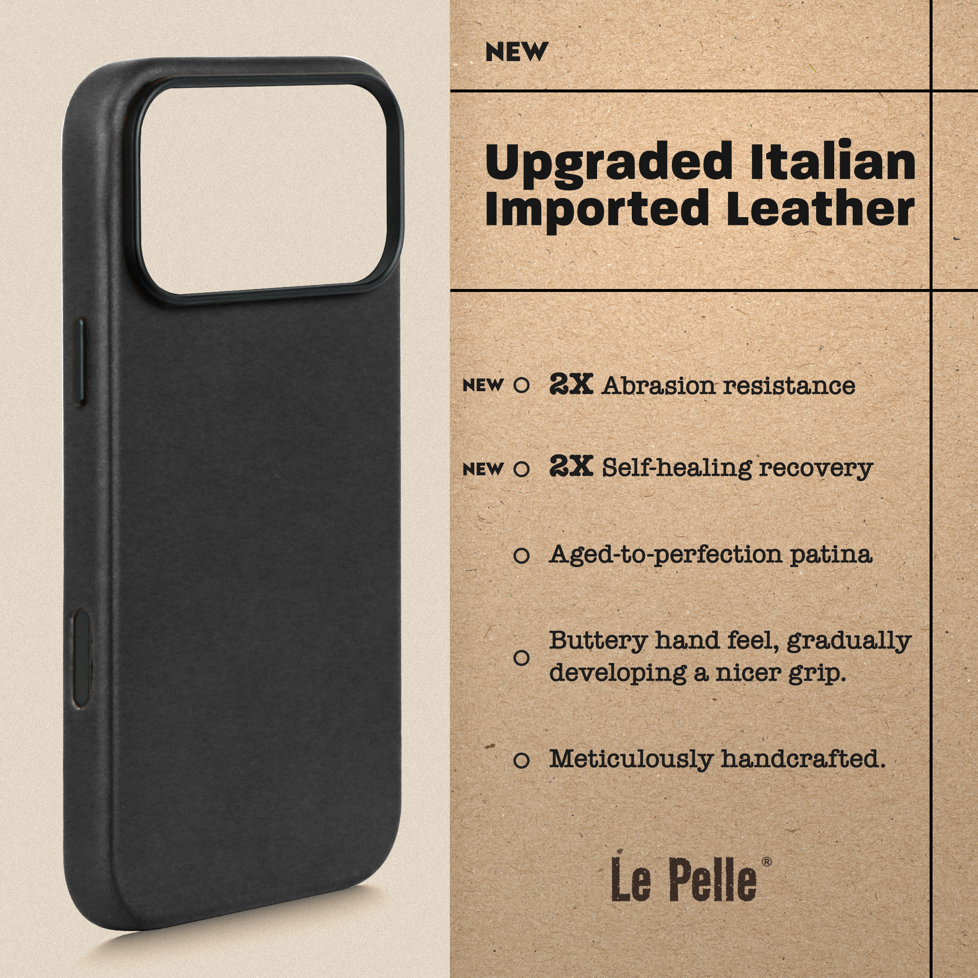 Le Pelle Italian Full Grain Leather Case for iPhone 18 Pro - 2X Abrasion Resistant & Self-Healing Recovery, Built-in AI Control, Compatible with magsafe, Natural Patina
