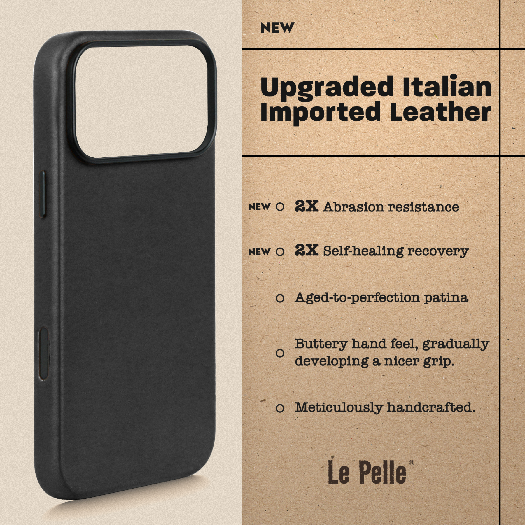 Le Pelle Italian Full Grain Leather Case for iPhone 18 Pro - 2X Abrasion Resistant & Self-Healing Recovery, Built-in AI Control, Compatible with magsafe, Natural Patina