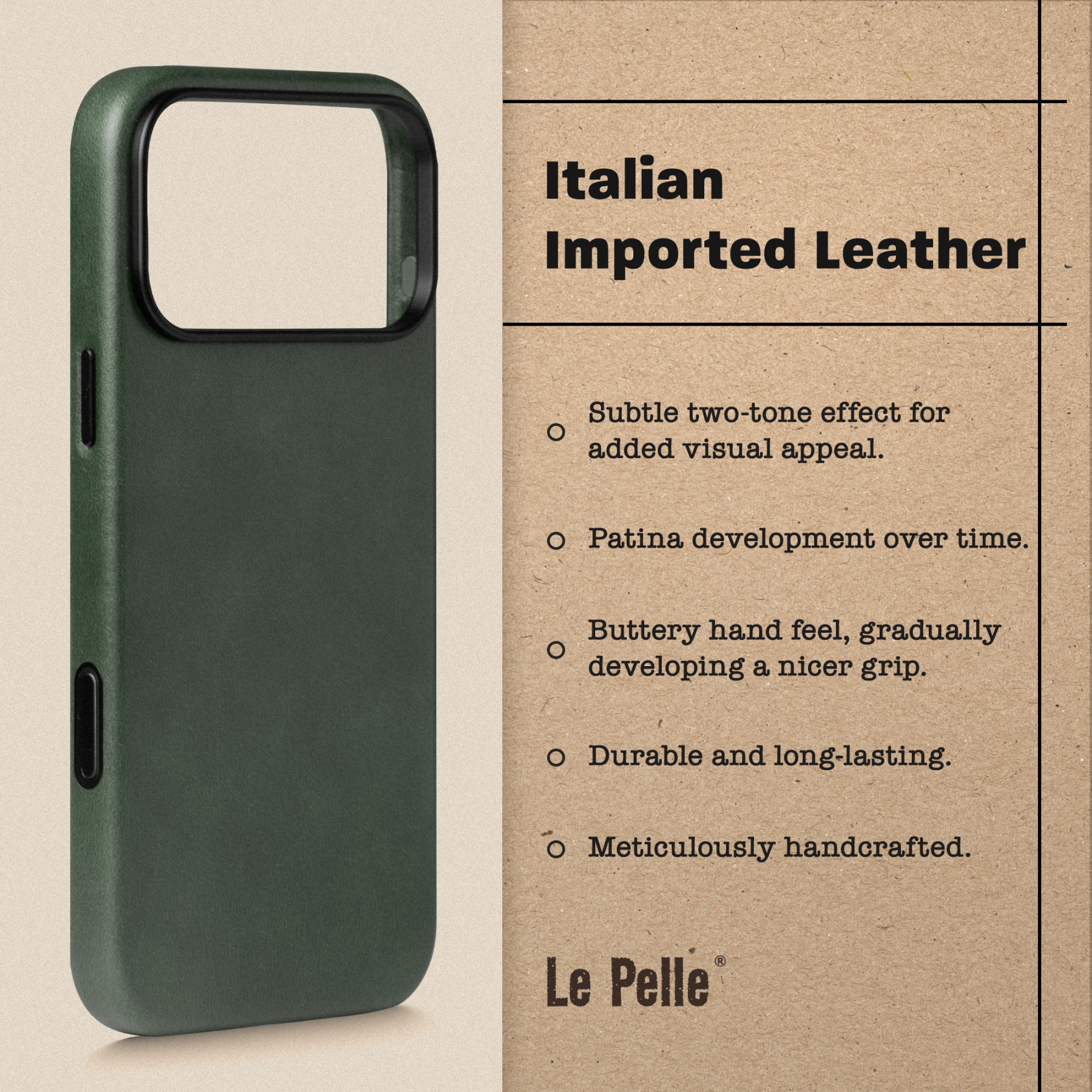 Le Pelle - Handcrafted Premium Italian Leather Case for iPhone 17 - [Built-in Camera Control] - Compatible with Magsafe - Two-Tone Effect with Unique Patina Over Time