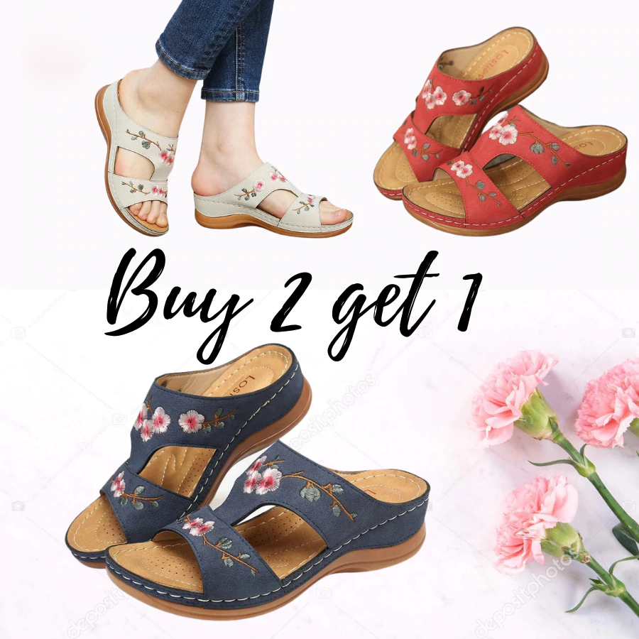 Mincino Flower Embroidered Vintage Casual Wedges Summer Sandals