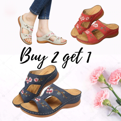 Mincino Flower Embroidered Vintage Casual Wedges Summer Sandals