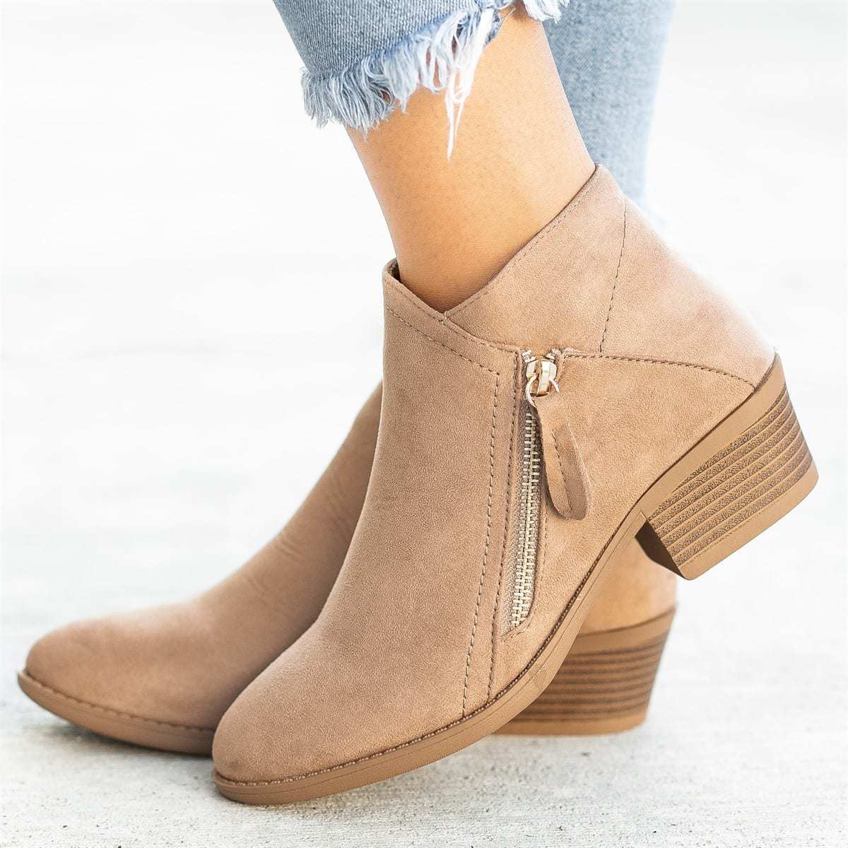 LADIES COMFORT ZIP SUEDE CHUNKY HEEL BOOTIES