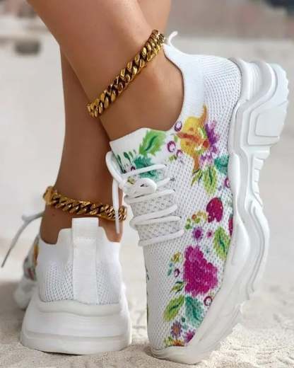 Floral Print Lace-up Breathable Sneakers