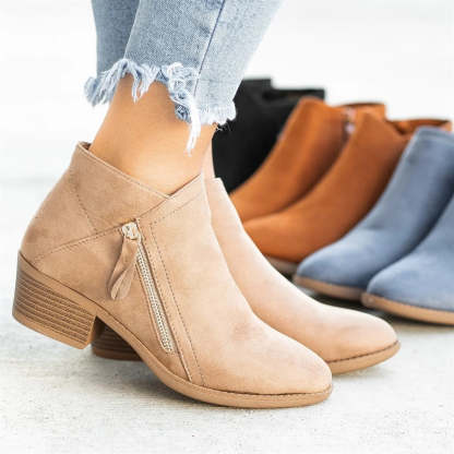 LADIES COMFORT ZIP SUEDE CHUNKY HEEL BOOTIES