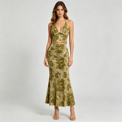 Printed Backless Pleated High-Waisted Fishtail Skirt Set