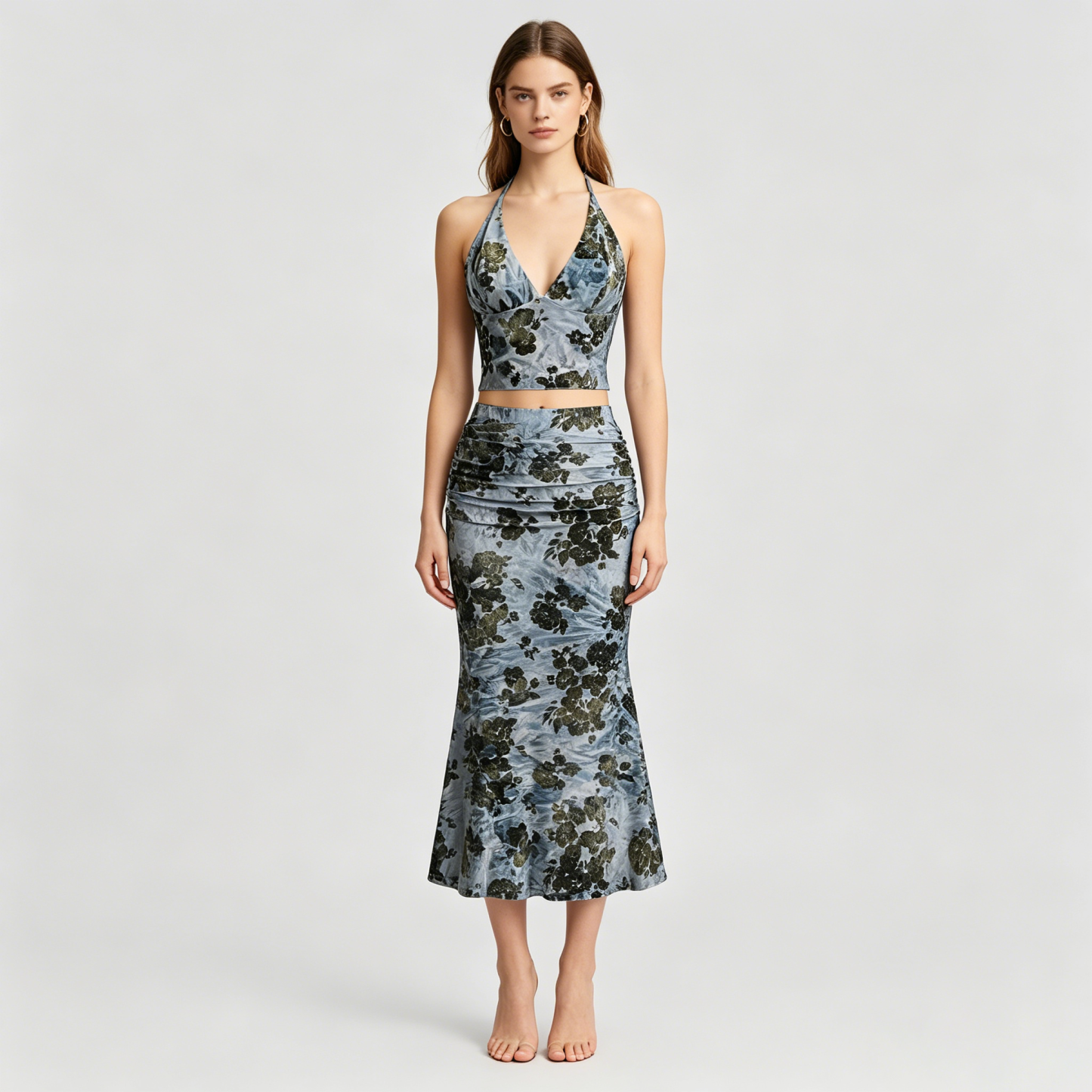 Printed Backless Pleated High-Waisted Fishtail Skirt Set