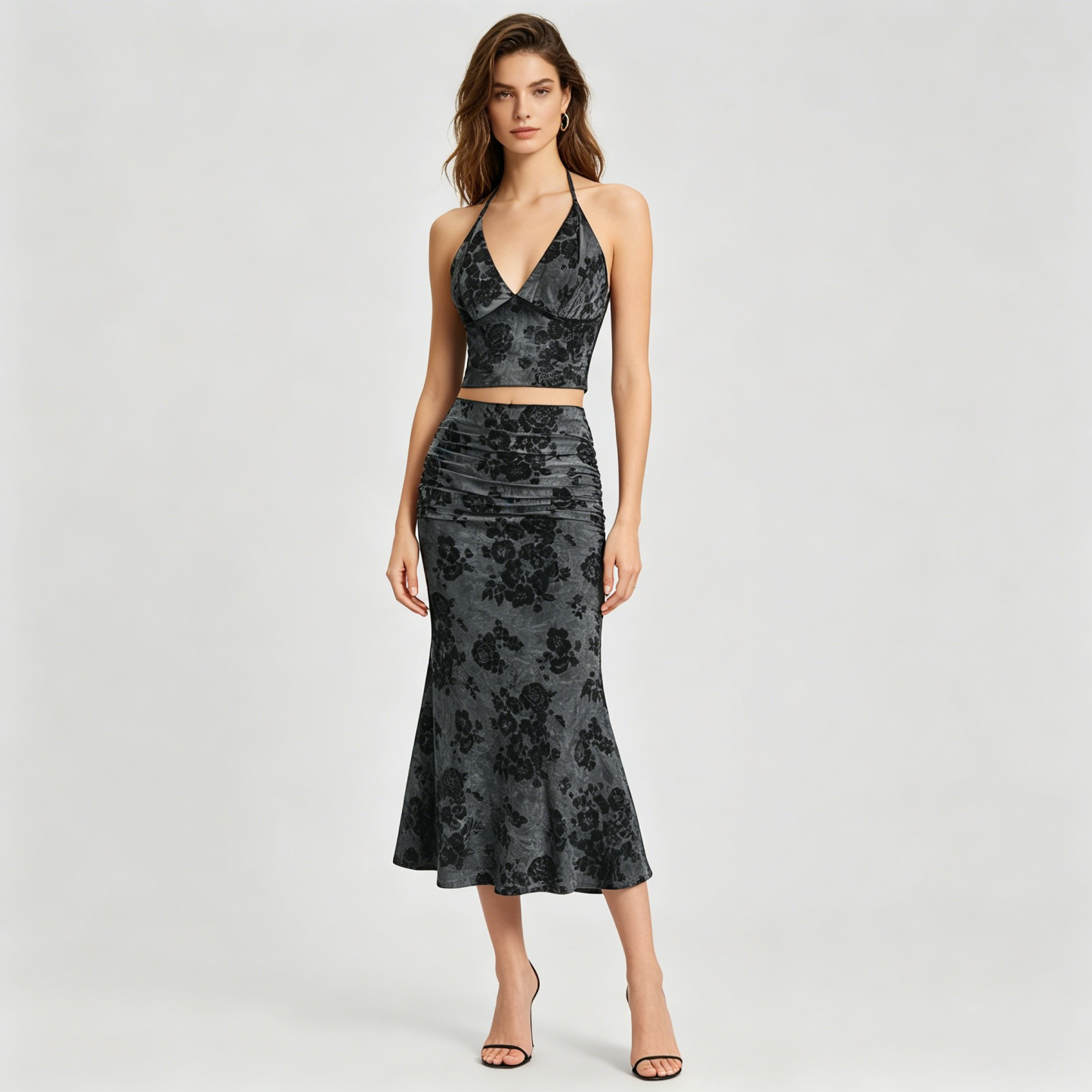 Printed Backless Pleated High-Waisted Fishtail Skirt Set
