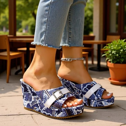 Women Newspaper Print High Heel Slide Sandals