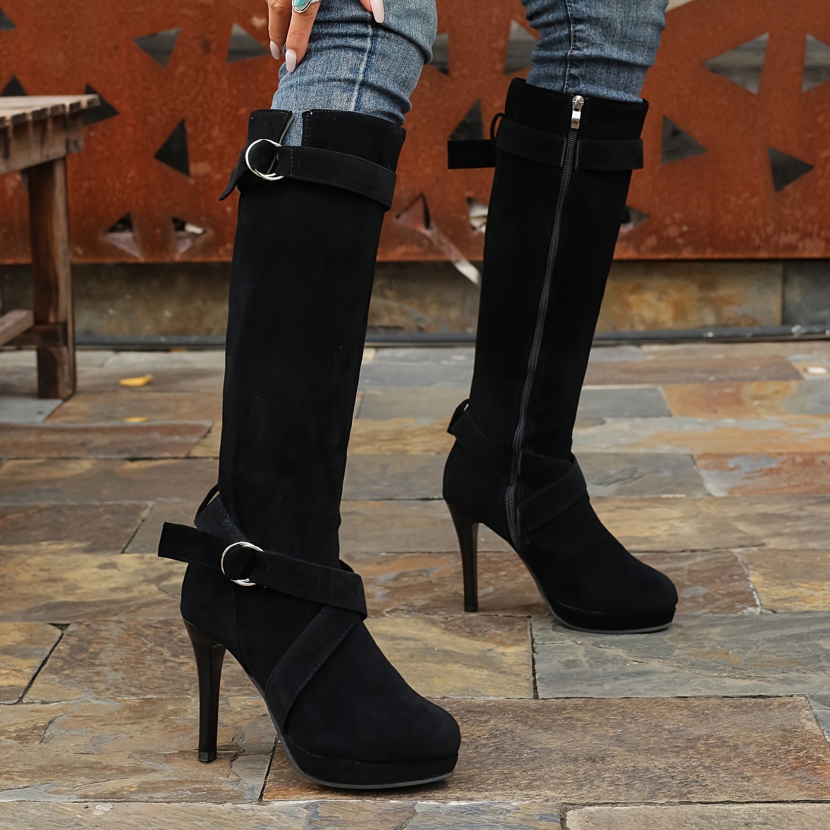 Women's High-heeled Suede Knee-high Boots with Buckle Detail.