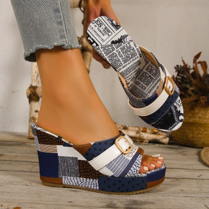 Women Newspaper Print High Heel Slide Sandals