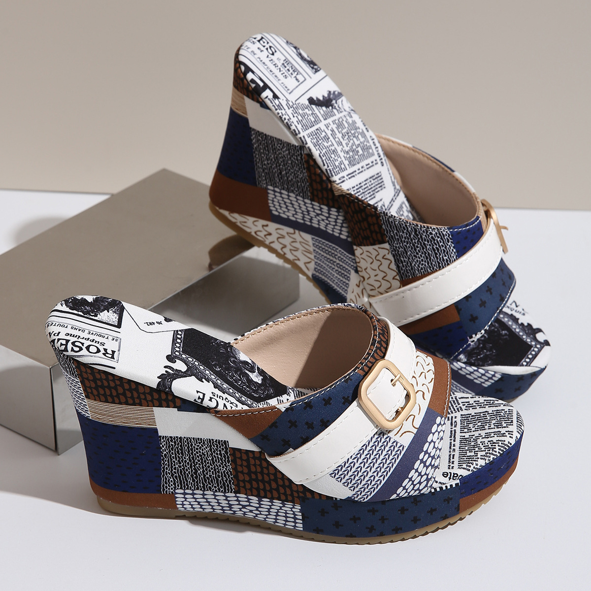 Women Newspaper Print High Heel Slide Sandals