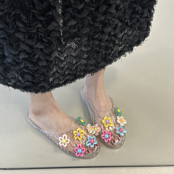 Sweet Bow Beaded Flat Summer Slide Shoes