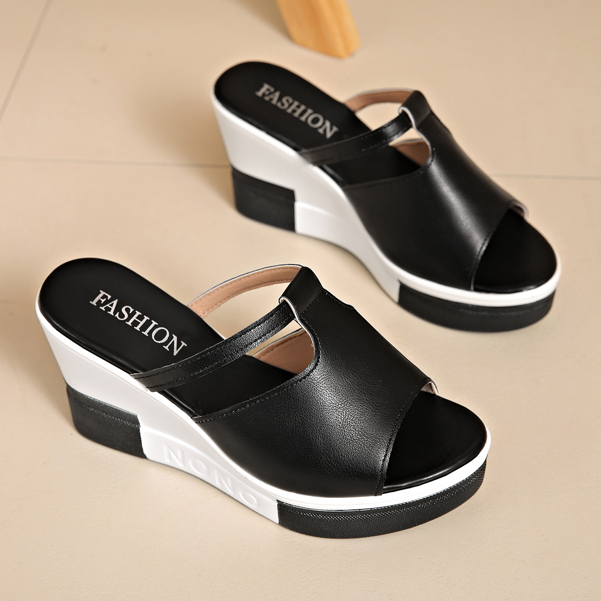 Thick Sole Wedge Slides Plus Size Ladies Shoes 