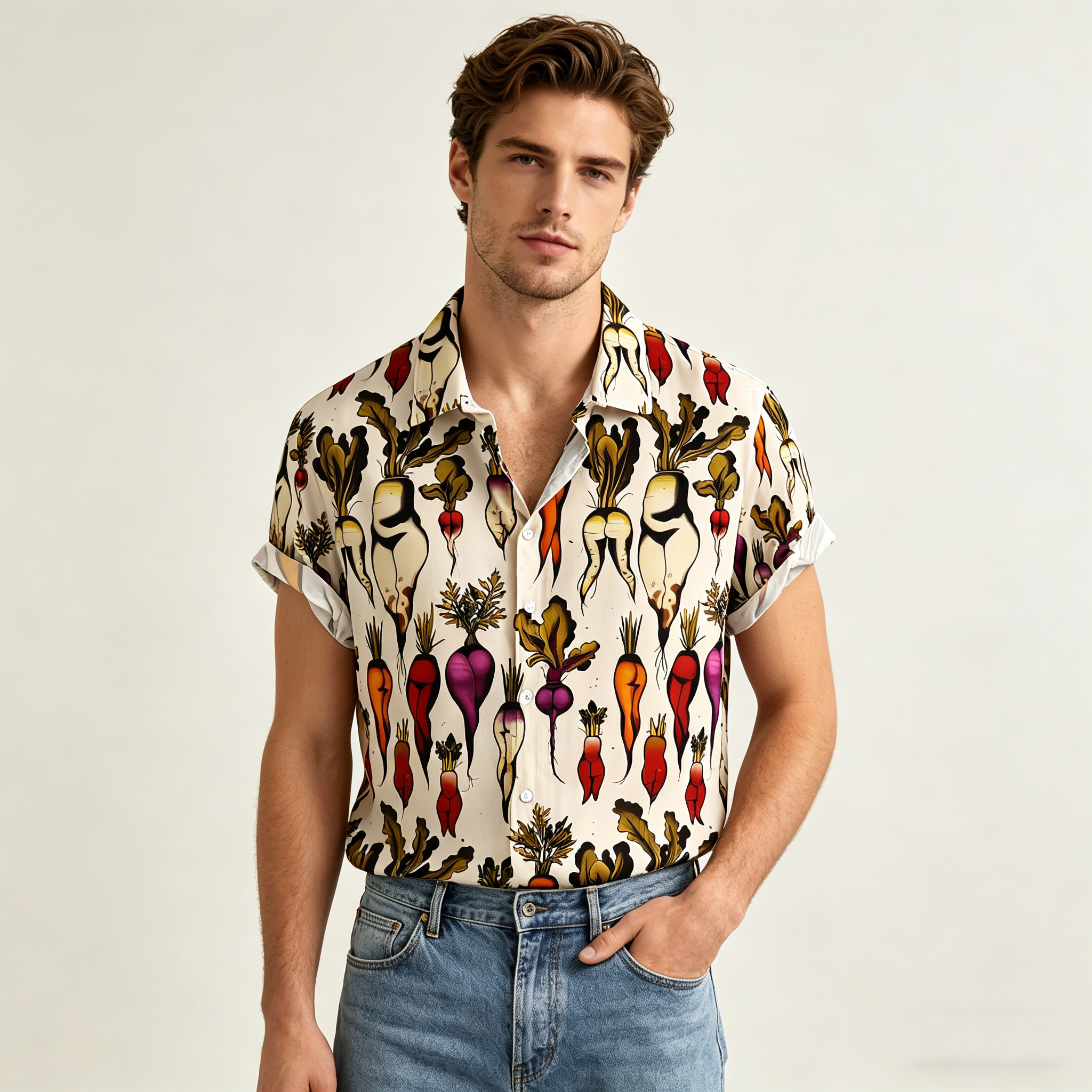 Vintage  Print Short Sleeve Button Up Shirt