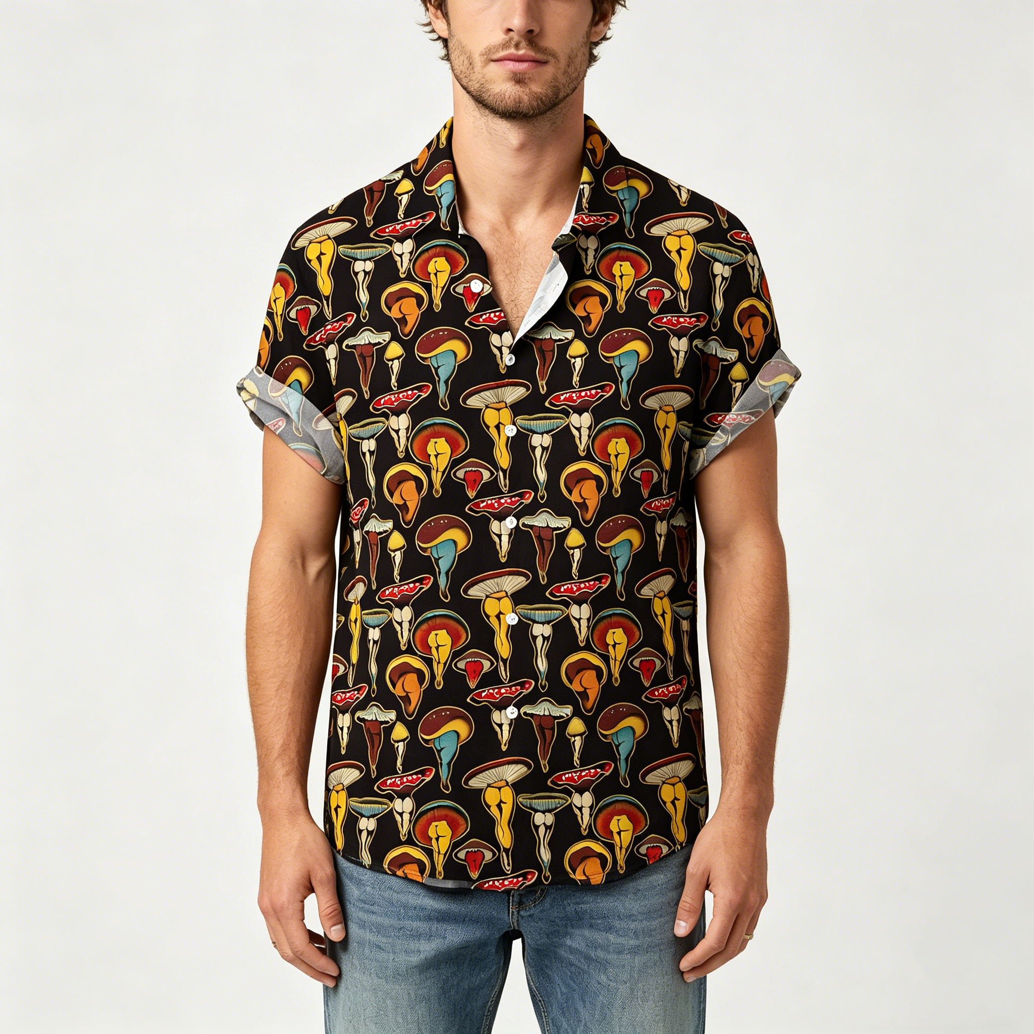 Vintage  Print Short Sleeve Button Up Shirt