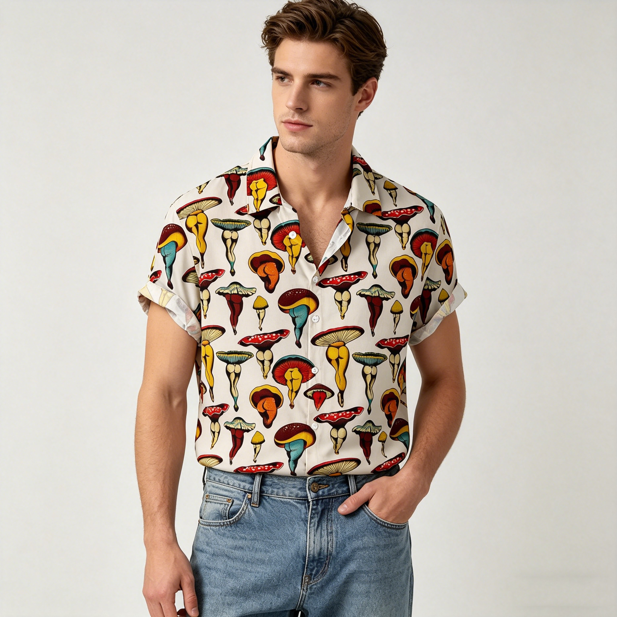 Vintage  Print Short Sleeve Button Up Shirt