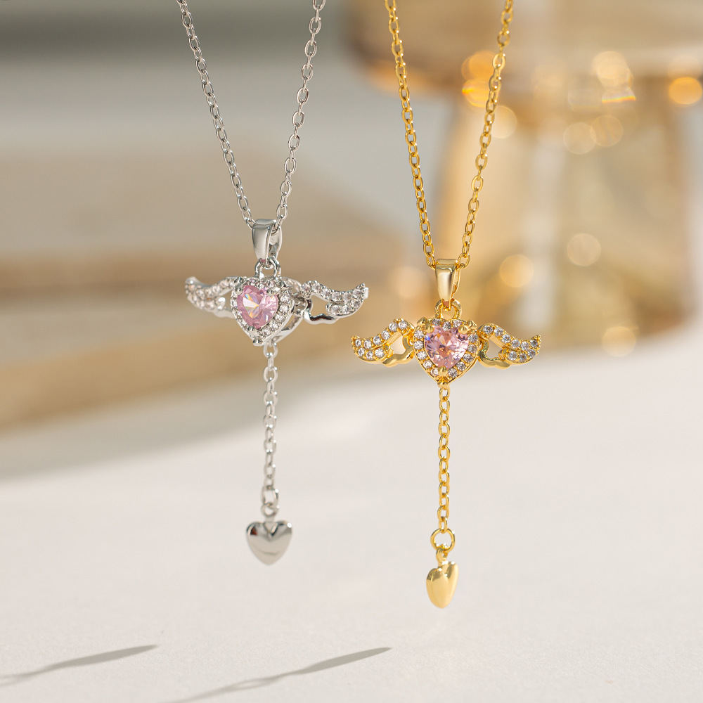 Crystal Heart-Shaped Angel Wings Necklace