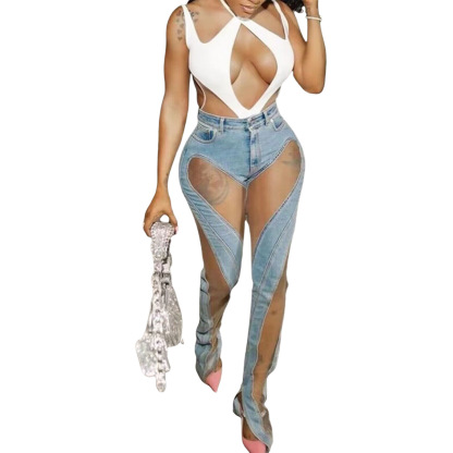 Net sand see-through split elastic slim fit hip-lifting jeans