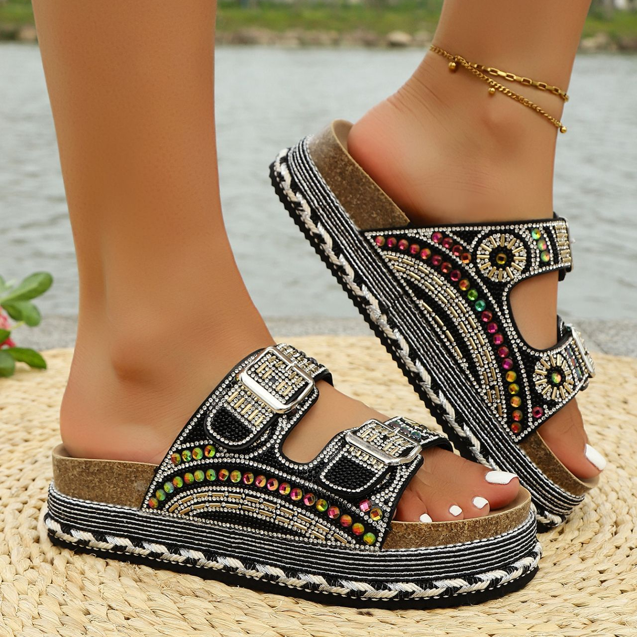 Boho Sparkle Platform Slides