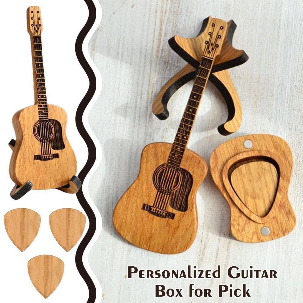Wooden guitar shaped pick with stand