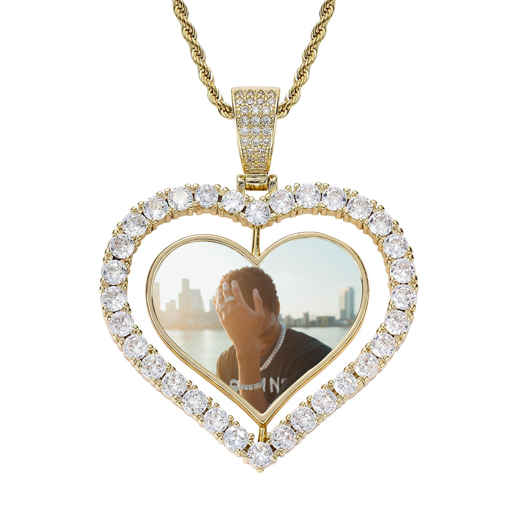 Heart Rotatable Double-Sided Photo Pendant Hip-Hop Necklace