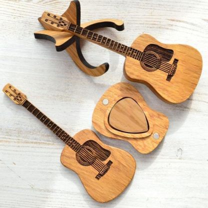 Wooden guitar shaped pick with stand