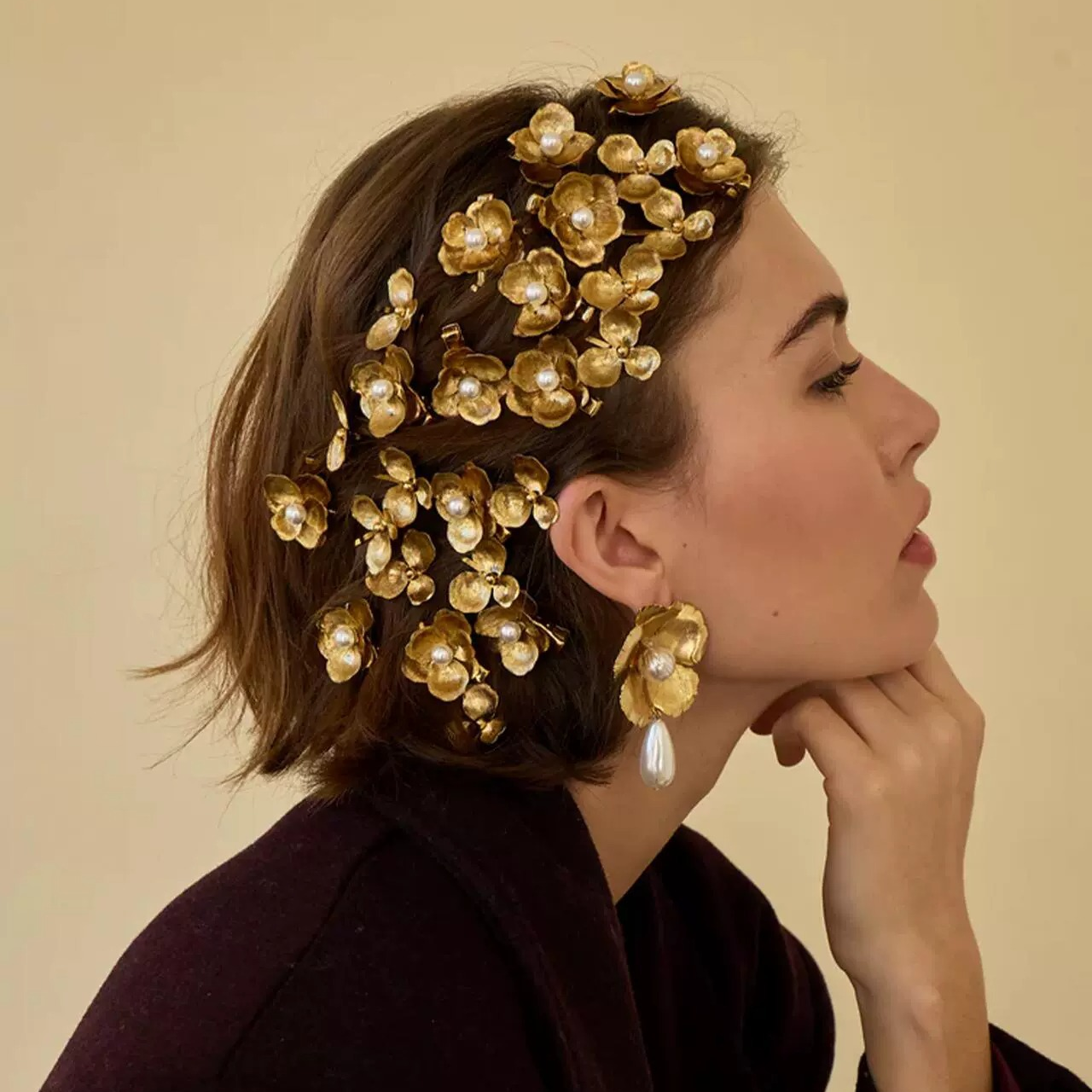 Vintage Gold Flower Pearl Hair Clip