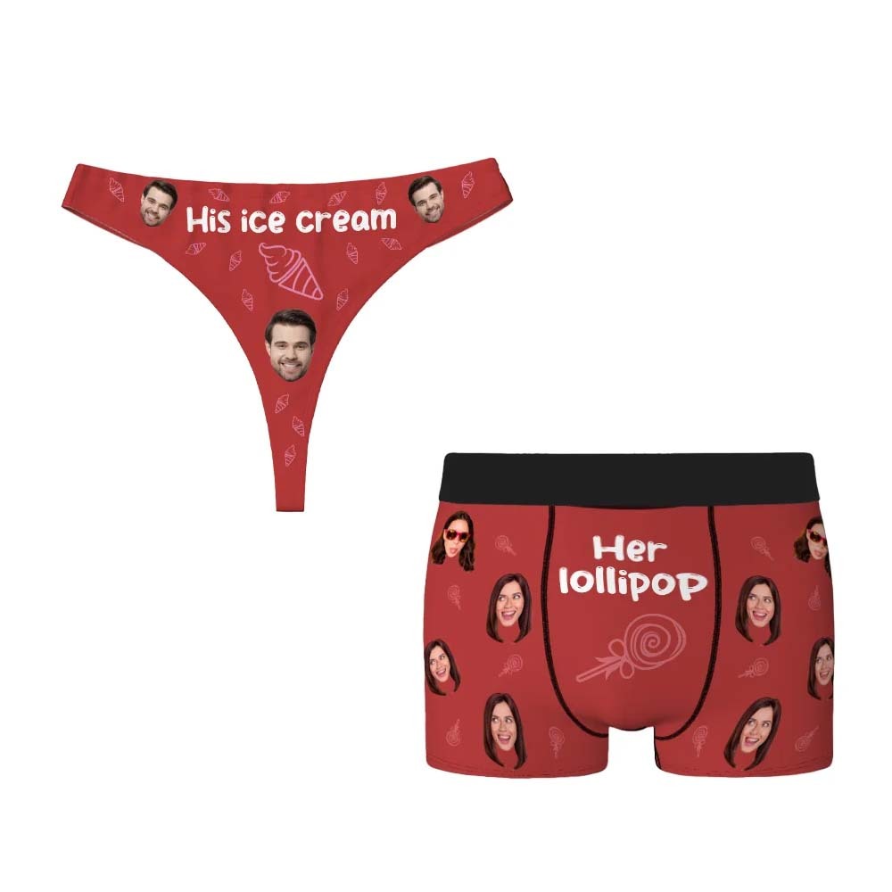 Personalized Ice Cream Lollipop Breathable Couple Thong Brief Boxer Underwear Set with Face Photo Valentine's Day Anniversary Gift for Him Her