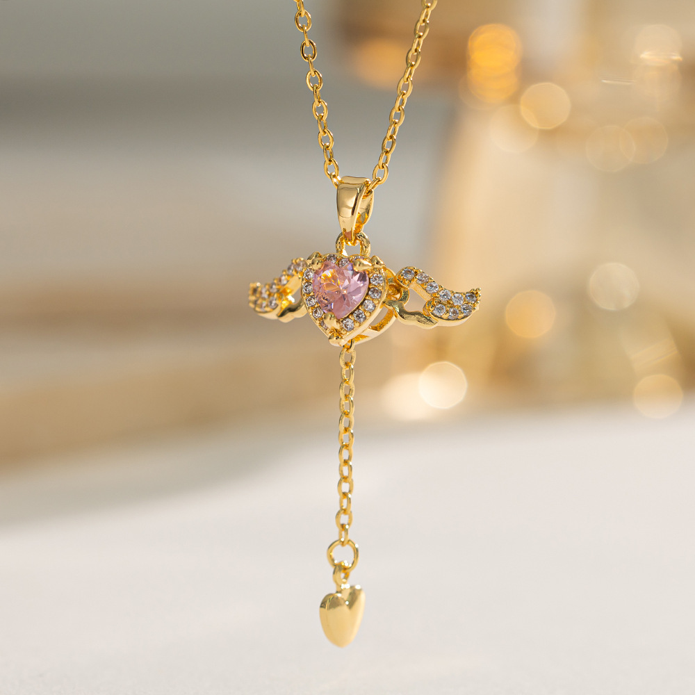 Crystal Heart-Shaped Angel Wings Necklace