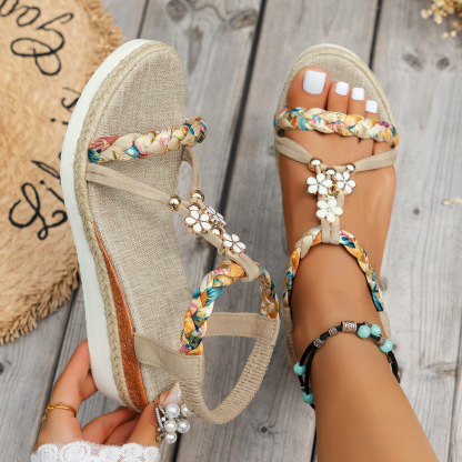 Rhinestone wedge woven women's shoes