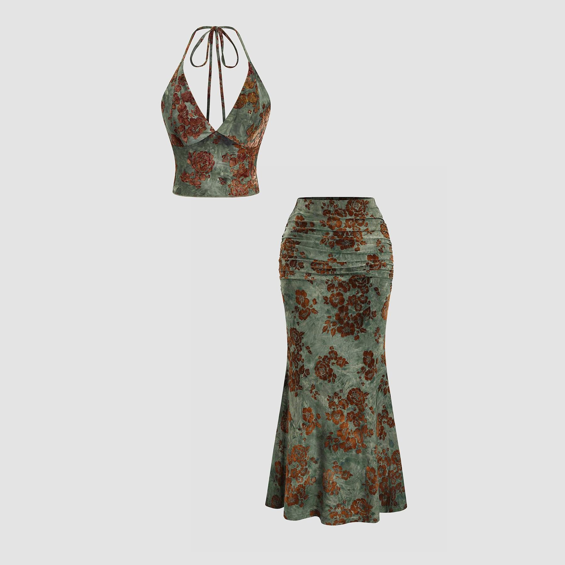 Printed Backless Pleated High-Waisted Fishtail Skirt Set