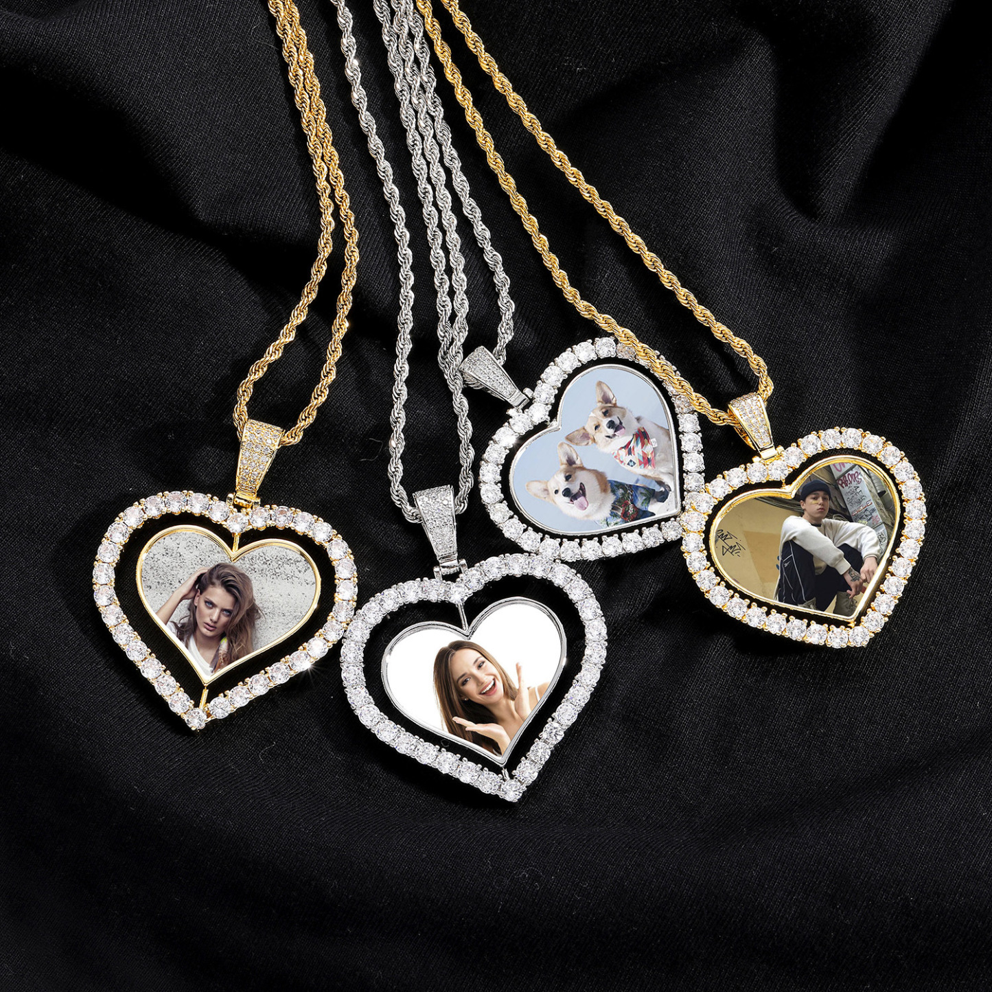 Heart Rotatable Double-Sided Photo Pendant Hip-Hop Necklace